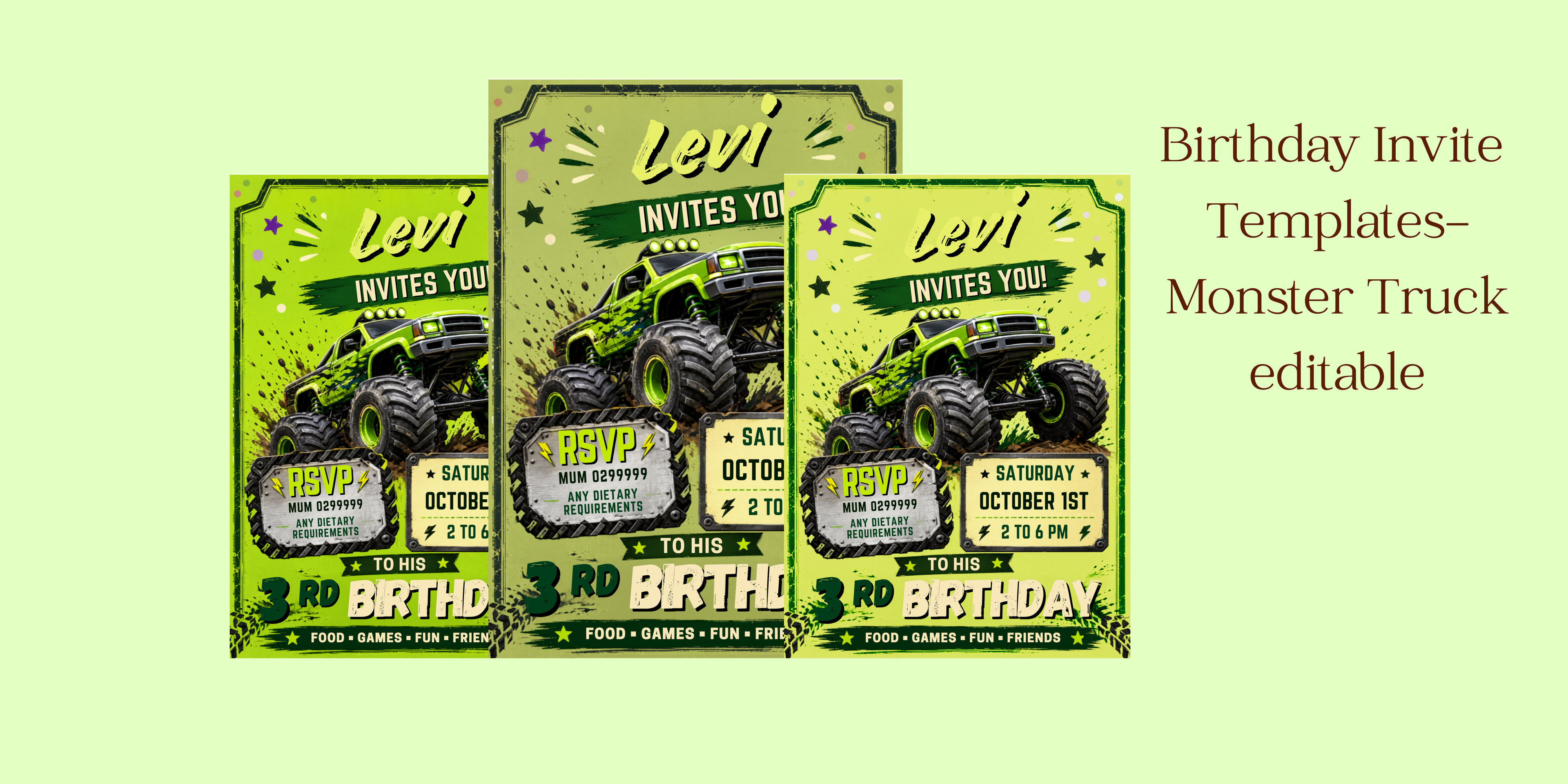 Monster Truck Birthday Invitation – Editable Canva Template