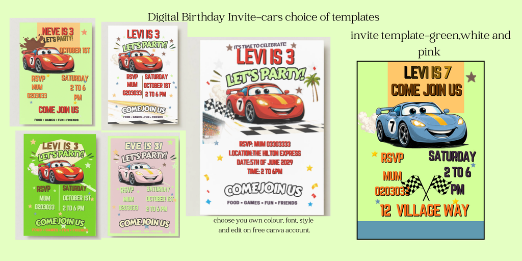 Cars Birthday Invitation – Editable Canva Template